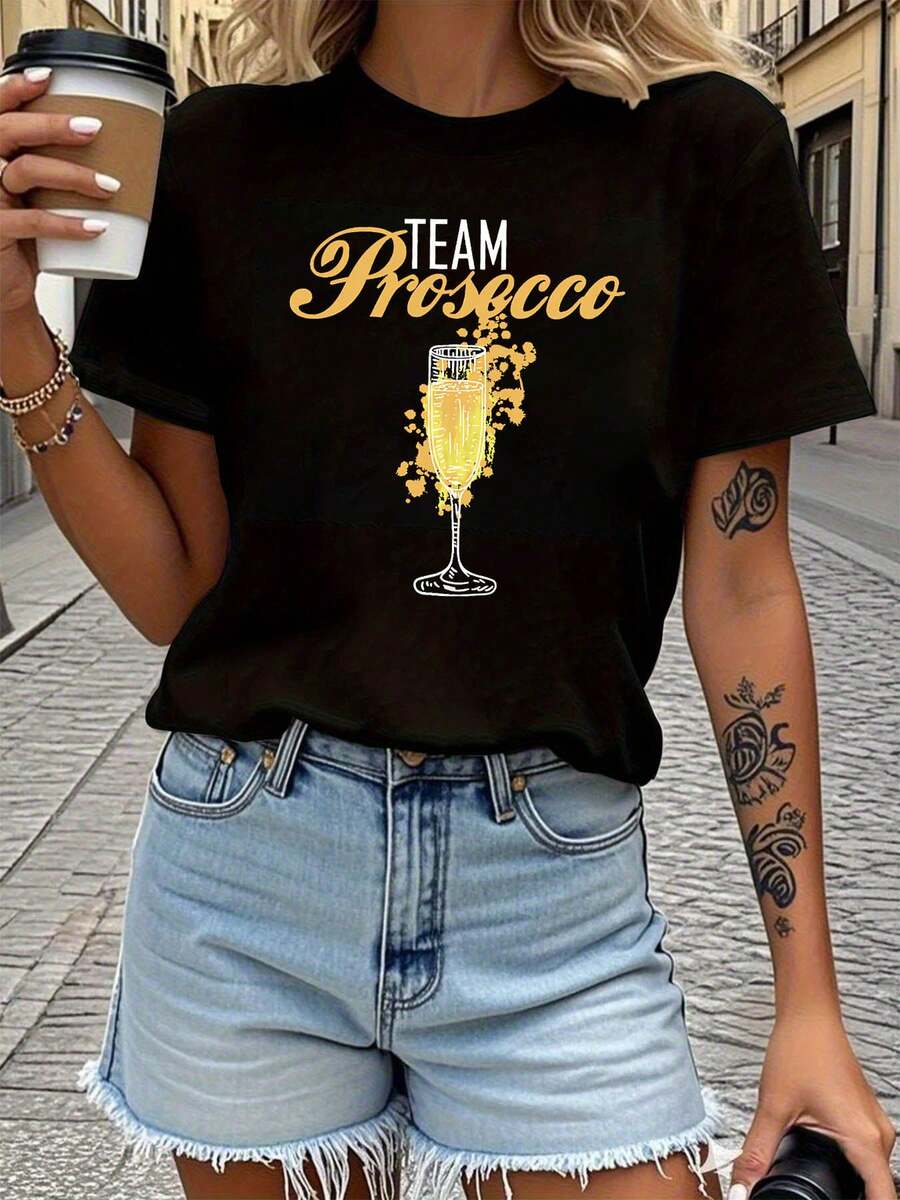 Women's Team Prosecco Letter Print T-Shirt - Short Sleeve Crew Neck Casual Blouse Top with Prosecco Suitable for Summer, Spring & Italian-Themed Outfits, Machine Washable Casual Attire for Parties & Casual Events