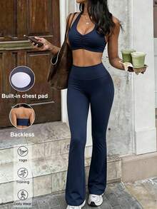Aoqta Sports Women's Summer Casual Solid Color 2-Piece Set, Fitted Sleeveless Backless Padded Ruffle V-Neck Top And High Waist Slimming Flared Pants, Suitable For Yoga, Running, Workout, Daily Wear - Navy Blue - View 4