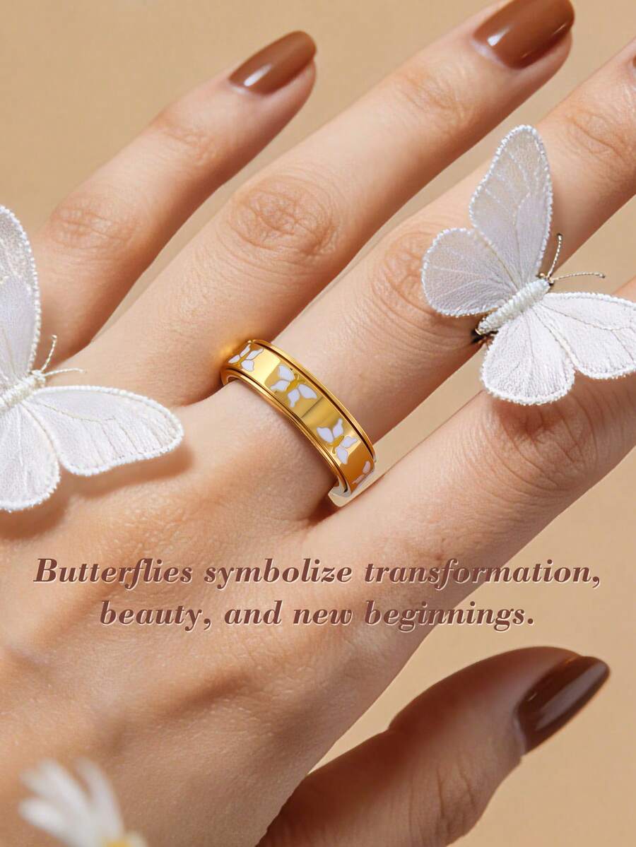 Butterfly Ring For Women, 18K Gold Plated Stainless Steel Rotating Anxiety Relief Jewelry