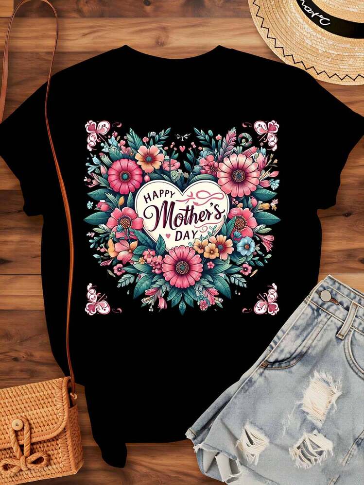Camiseta con Diseño de Corazón Floral para el Día de la Madre, Regalo para Mujeres, Top Casual de Verano - Negro - Añade 4