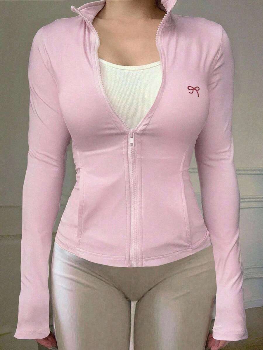 Chaqueta ajustada de punto para mujer, color morado sólido, manga larga, cuello alto y cierre de cremallera frontal, estilo deportivo casual y favorecedor, ideal para primavera y otoño, actividades al aire libre, gimnasio, yoga, uso diario y combinaciones con leggings y pantalones deportivos - Rosa 4 - Ver 1