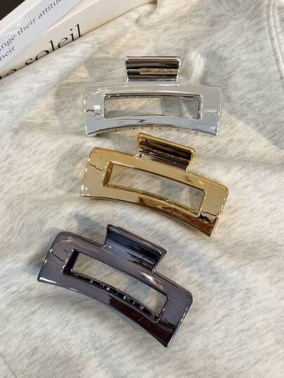 3pcs/1pc Women 10cm/3.94in Silver, Gold, Black & Silver Square Plastic Hair Clips, Fashionable Versatile Elegant Minimalist Solid Color Hair Claws, Suitable For Daily, Casual, Party, Commute, Beach, Bun, Ponytail, Washing Face, Makeup, Accessory