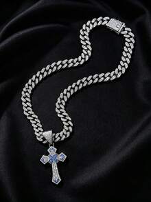 1 pieza Collar personalizado de moda para hombres, colgante de cruz de cristal, accesorio de estilo callejero hip hop - azul plateado - Ver 3