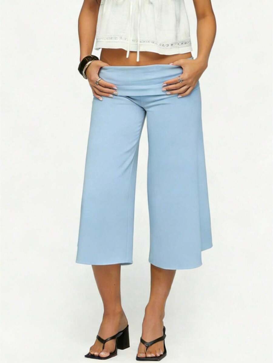 Women Yoga Capri Pants Wide Leg Cropped Pants With Fold Over Waistband For Fitness Workout Light Grey Lounge Pants For Women Elastic Waist 3/4 Length Pants Casual Culottes Trousers For Daily Wear - 藍色 - 查看 1