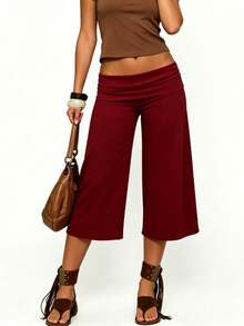 Women Yoga Capri Pants Wide Leg Cropped Pants With Fold Over Waistband For Fitness Workout Light Grey Lounge Pants For Women Elastic Waist 3/4 Length Pants Casual Culottes Trousers For Daily Wear - 酒紅色 - 查看 1