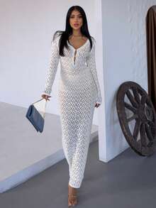Women's Solid Color Hollow Design Long Sleeve Sexy Knit Dress - White - View 2