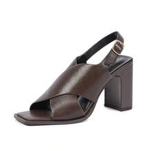 Women's Brown Chunky Heel Sandals, Square Toe Cross Strap Back Buckle High Heels, Retro Open Toe Slingback Shoes For Office Party - Maroon - View 14