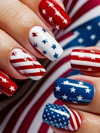 24pcs Medium Square Patriotic Shiny Artificial Nail Tips, Bald Eagle American Flag Design, Red White Blue Nail Art, Suitable For Daily Wear, Gatherings, Holidays