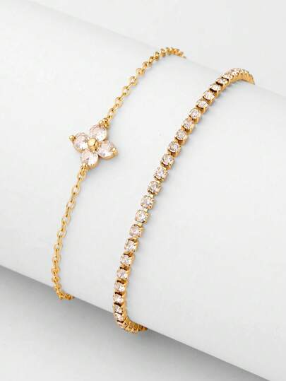 Bộ 2 vòng tay hạt cườm hoa Cubic Zirconia với chuỗi pha lê Bộ vòng tay hai lớp, thích hợp cho phụ nữ hàng ngày, hẹn hò, tiệc tùng, dịp giao lưu