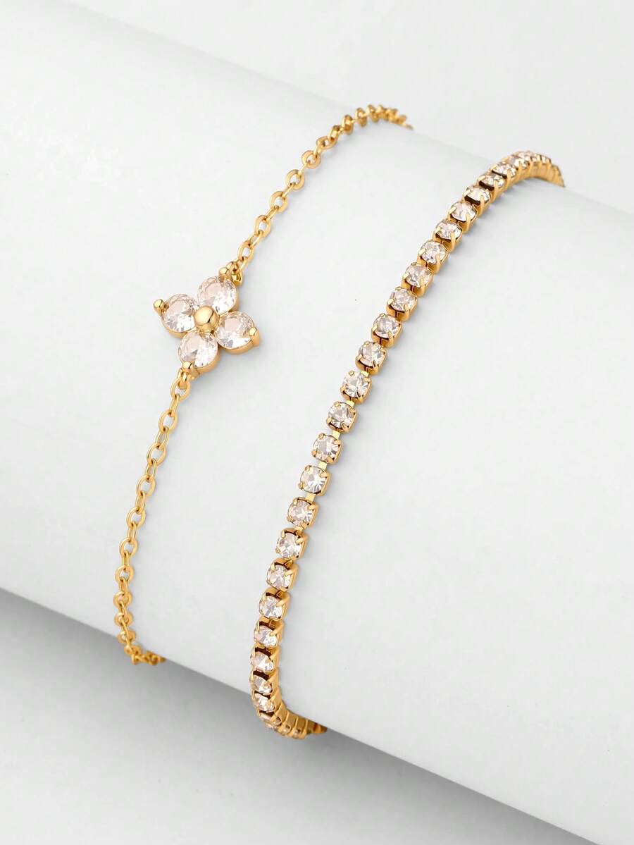 Bộ 2 vòng tay hạt cườm hoa Cubic Zirconia với chuỗi pha lê Bộ vòng tay hai lớp, thích hợp cho phụ nữ hàng ngày, hẹn hò, tiệc tùng, dịp giao lưu - Vàng - Xem 1