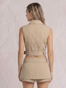 OUTTA BOX Áo vest hai hàng khuy màu kaki thanh lịch, áo khoác không tay thắt eo sang trọng, thích hợp mặc đi làm, dự tiệc mùa hè và lễ tốt nghiệp. Trang phục chuyên nghiệp, sang trọng. - Màu Khaki - Xem 4