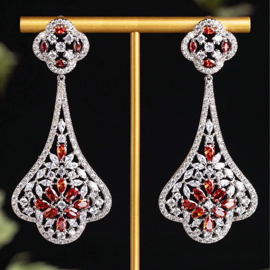 1 Pair Unique Design Women's Earrings, Jewelry, Floral, Hollow Design, Zirconia Earrings, Elegant Luxury, Suitable For Women's Daily And Banquet Wear, All Seasons, Gift - Earring - View 1