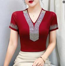 Camiseta de Verano 2026 para Mujer, Nueva Moda Coreana, con Malla de Diamantes, Cuello en V, Manga Corta, con Parches de Encaje - 4 Azul - Ver 3