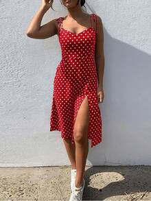Vestidos De verano para mujer, vestido informal De lunares sin mangas con cintura elástica plisada y cuello en V, Vestido De playa, Vestidos De Verano - Rojo - Ver 1