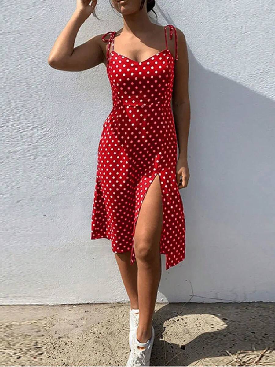 Vestidos De verano para mujer, vestido informal De lunares sin mangas con cintura elástica plisada y cuello en V, Vestido De playa, Vestidos De Verano - Rojo - Ver 1