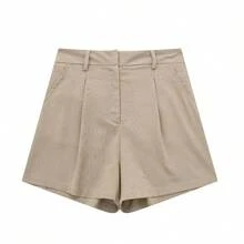 Conjunto liso Vintage para mujer, chaleco sin mangas con cuello de pico y botones, Top + bolsillos, pantalón corto elegante salvaje para ir al trabajo, verano 2024 - pantalones cortos caqui - Ver 4