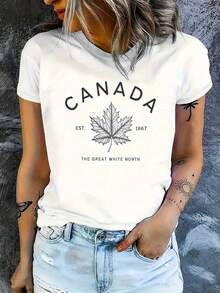 Camiseta de hoja de arce de Canadá y letras canadienses - transpirable relajado de manga corta con cuello redondo con impresión de hoja de arce, adecuado para el uso informal, eventos de orgullo de Canadá, capa, ropa canadiense lavable a máquina - Blanco - Ver 2