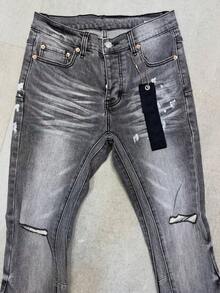 Embroidered Flare Jeans, Letter Embroidered Men's Slim Fit Flare Jeans, Ripped Flare Jeans With Patches, Y2K Stacked Jeans, Contrast Washed Embroidered Jeans, Suitable For All Seasons - Black - View 4