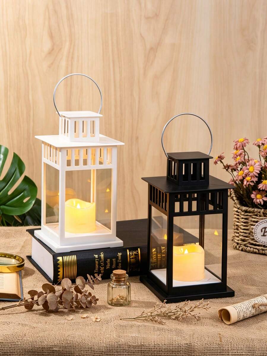 Lámpara de llama LED de doble capa con ventana abierta de estilo minimalista Ins, vela electrónica con llama simulada, luz de noche pequeña para decoración de escritorio, cena a la luz de las velas en el hogar, dormitorio, jardín - Linterna grande de doble capa y cuatro esquinas - Ver 1