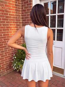 Women Mini Tank Dresses Slim Fit Ruched Dot Print/Solid Color Sleeveless Short Ruffled Dress For Daily Office Party - White - View 6