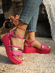 Sandal đế xuồng mùa hè cỡ lớn dành cho nữ, kiểu dáng dệt kim, một quai, khóa cài, hở mũi, đa năng, chống trơn trượt, đế dày, thoải mái, nhẹ, phù hợp để mang hàng ngày với quần và váy. - Màu Hồng Tươi - Xem 4