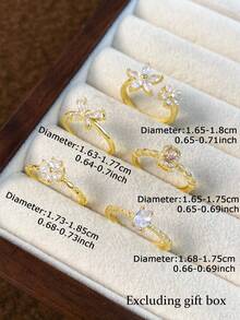 Bộ 5 chiếc nhẫn thời trang cao cấp đính đá Cubic Zirconia hình hoa và nơ tinh tế, kiểu dáng thanh lịch, đa năng, có thể điều chỉnh kích cỡ, phù hợp cho các bữa tiệc và buổi gặp gỡ thường ngày (Không kèm hộp quà). - Vàng - Xem 4