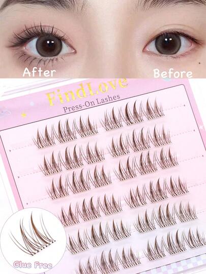 FindLove 36 cụm mi giả màu nâu tự nhiên, cong chữ C, mềm mại và nhẹ, dạng mi ghép mảnh, không cần keo dán, độ dày 9-11mm, có thể tái sử dụng, không cần keo, phù hợp cho người mới bắt đầu, kiểu dáng tự nhiên Hàn Quốc và Nhật Bản.