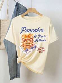 Women's Graphic Crew Neck T-Shirt With Fun "Pancake And Panic Attack" Print About Mental Health - Vintage Street Style Unisex Loose Cotton Short Sleeve Crew Neck T-Shirt - 柿子2 - 查看 3