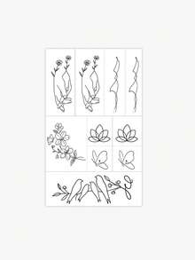 1张纹身贴纸，极简线条画，图案为手捧鲜花、蝴蝶、莲花和飞鸟。临时纹身贴纸，可水洗，PVC材质，一次性使用，防水防汗，适用于手臂、腰部、腹部、背部、腿部，不反光，逼真纹身效果，适合人使用，日常可维持3-5天。 - 黑色 - 查看 4