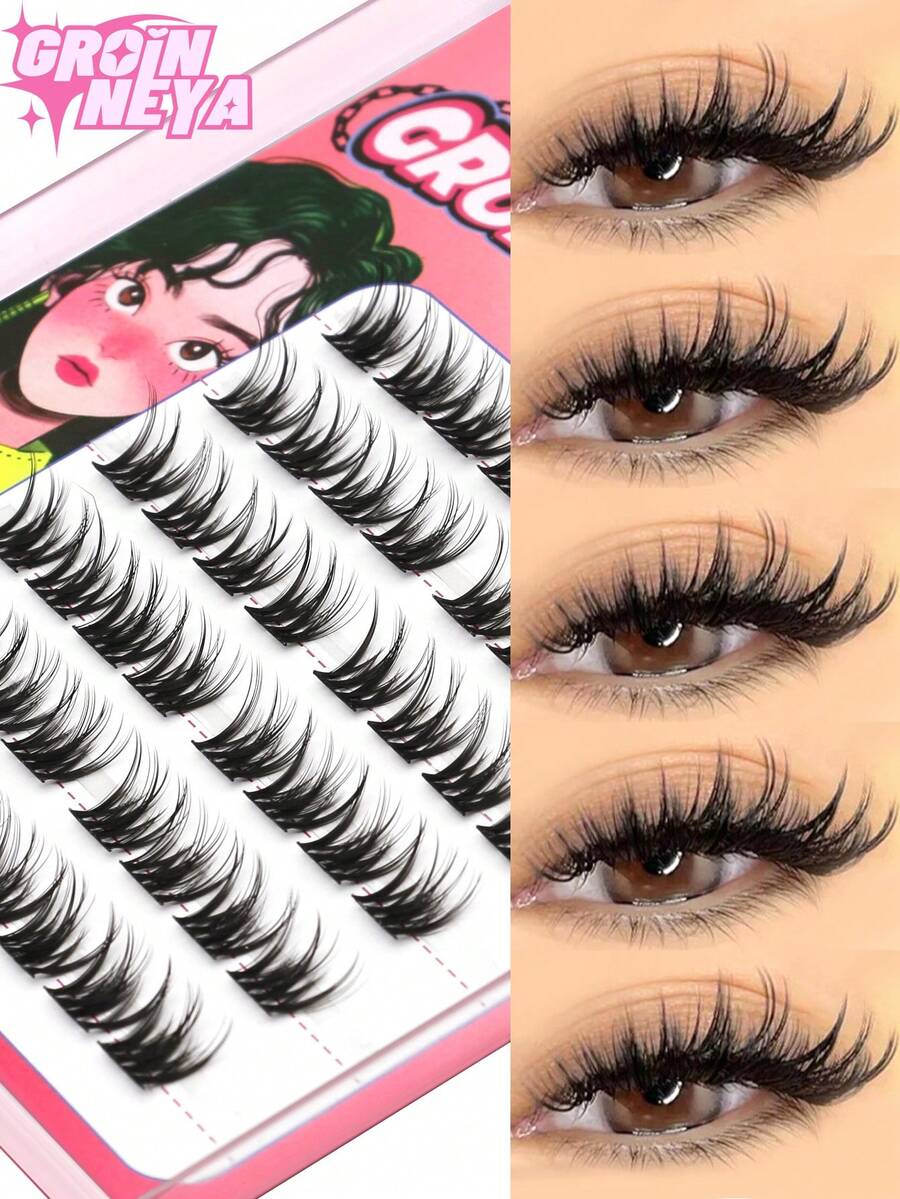 GROINNEYA 48pcs Natural Looking Eyelash Clusters C-Curl Foxy Eye DIY Lashes Anime Eyelash Extensions Fairy Eyelash Clusters Create Glamorous Look Lash Clusters Daily Portable Pack False Eyelashes Beginner Friendliness, Simple To Wear, Used For Daily Makeup - C - View 1