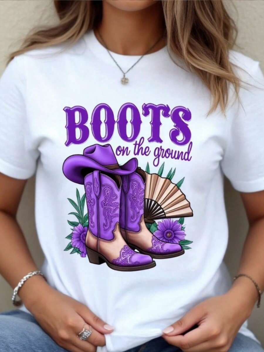 Camiseta de cuello de tripulación blanco de las mujeres con diseño de botas de vaquero púrpura - transpirable de manga corta blusa casual, suelta - línea de ajuste para el traje casual, lavable en la máquina
