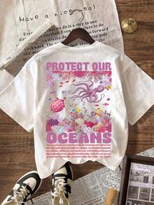 Women's Short-Sleeved Crew Neck T-Shirt, Graphic Design "Protect Our Oceans, Shark, Save The Ocean, Respect Local Inhabitants", White, 100% Cotton, For Summer. - 白色 - 查看 3