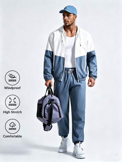 2pcs/Set Men's Breathable Color Block Sports Suit, Including Jacket And Pants, Boyfriend Style Sportswear, Casual Sports Outfit Suitable For Daily Leisure, Outdoor Sports, Running, Camping, Hiking, Cycling