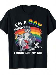 Men's And Women's LGBTQ+ Furry Pride T-Shirt - Soft 100% Retro Fox Character And Furry Design With 'I'm A Gay Furry' Slogan, Rainbow Color Unisex Crew Neck Short Sleeve Shirt, Suitable For Gay Pride Month, Furry Conventions, Casual Wear - Fun Furry Expression - 黑色 - 查看 6