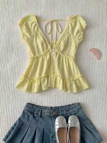 Women's Yellow Frill Trim Single-Breasted Shirt With Frill Trim,Summer Top Tops For Women Summer Cute Yellow Summer Top Yellow Top Blouse Yellow Tops For Women Elegant Yelow Top Yellow Clothes Ruffle Top Vacation Top - Màu vàng - Xem 4