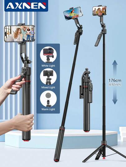 AXNEN Chân máy tự động thu gọn 69 inch/1760mm với chân đế bật lên một chạm, điều khiển từ xa không dây và đèn chiếu sáng phụ có thể điều chỉnh, giá đỡ điện thoại có thể tháo rời, phù hợp với /Android và các điện thoại thông minh khác, lý tưởng cho du lịch, quay vlog, phát trực tiếp, chụp ảnh ngoài trời, chụp ảnh cho người nổi tiếng.