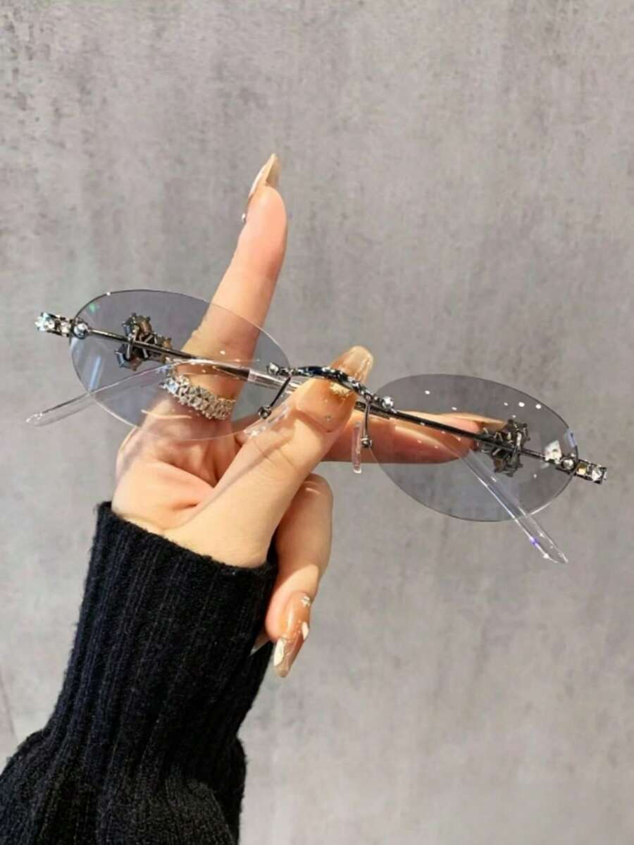 1 chiếc kính thời trang nữ kiểu dáng tối giản hình bầu dục không gọng, đính đá, phong cách cao cấp, phù hợp cho các dịp thường ngày, nghỉ lễ, dự tiệc, du lịch, chống tia UV. - Nhiều màu - Xem 1