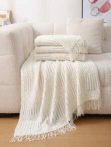 1pc Knitted Solid Color Bubble Yarn Blanket, Air Conditioning Blanket, Sofa Blanket, Bed Blanket, Nap Blanket For Office - White Bubble Towel - View 4