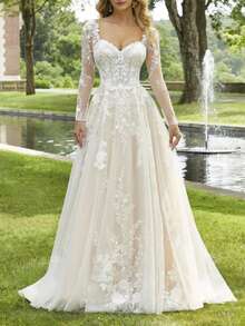 Elegant Sexy Deep V Neck Lace Appliqué A Line Off Shoulder Backless Wedding Dress With Long Sleeves, Registry Office Dresses Bridal Gown, Evening Party Dress Birthday Party Dress Country Wedding,Romantic Church Ceremony Wedding Dress,Suitable For Wedding, Dating, Party, Singles' Party, Vacation, Formal Occasions, Dinner Dress, Prom Dress, Homecoming Dress, Cocktail Party, Wedding Guest Dress, Graduation - trắng - Xem 4