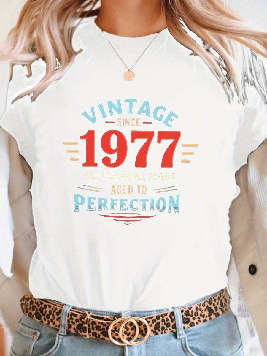 1977 Vintage Retro Tee gráfica, camisa casual cuello tripulación de manga corta para primavera y verano, ropa de mujer