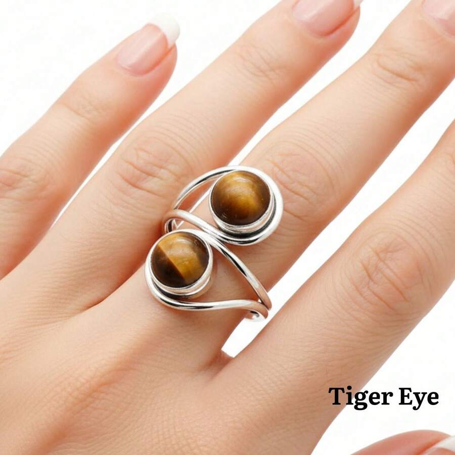 Tiger Eye 925 Sterling Silver Gemstone Adjustable Ring - Tiger Eye - View 1