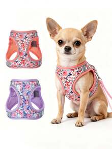 Floral-Patterned Pet Harness - Adjustable And Reflective For Nighttime, Cats And Dogs Fit, With A 5ft Leash Set, Soft, Purple S, Ideal For Small To Medium Dogs - Multicolor - View 2