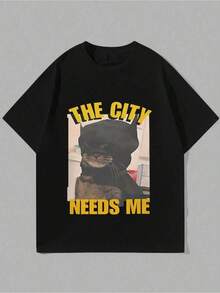 Graphic Cat Face & English Text This City Needs Me Relaxed Fit Round Neck T-Shirt For Women - 黑色 - 查看 1