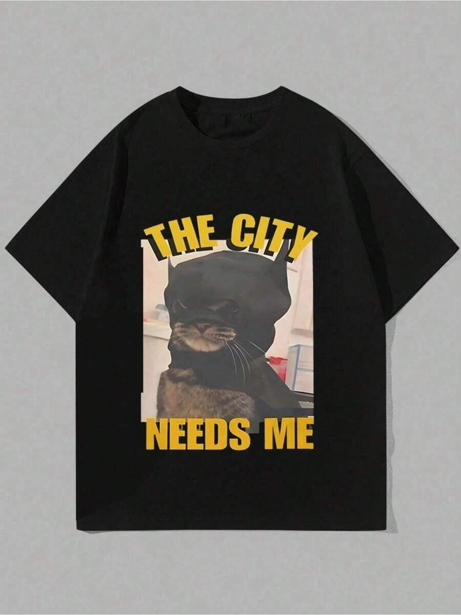 Graphic Cat Face & English Text This City Needs Me Relaxed Fit Round Neck T-Shirt For Women - 黑色 - 查看 1
