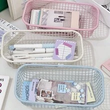 INS Style Iron Mini Storage Basket, Rectangular Organizer Box, Macaron Color Hollow Line Basket For Desktop, Dorm, Stationery, Cosmetics, Snacks, Multi-Functional Kitchen & Bathroom Storage Basket - Peach Pink + Creamy Yellow - View 5