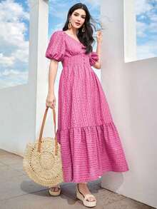 Vestido midi rosa de verano para mujer, cuello en V, mangas farol y bordado calado, estilo romántico y fresco - Rosa Fucsia - Ver 6