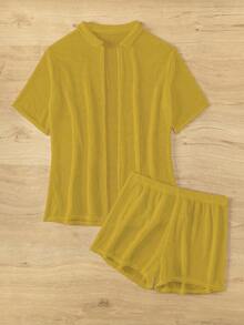 Swim Basics Set cover up unicolor con botón delantero - Mostaza Amarilla - Ver 5