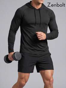 ZenBolt Áo thun nam size lớn màu trơn tay dài có mũ và dây rút - màu đen - Xem 2