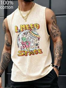 Alien On Moon With Ufo Print I Need Space Graphic Washable Sleeveless Vest 100% Cotton Y2K Style Hip Hop Street Style Digital Print Perfect Gift Choice - Màu be - Xem 1