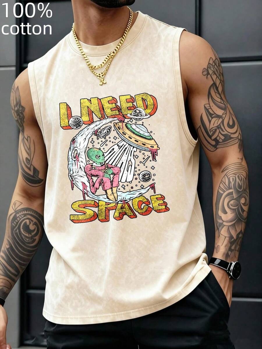 Alien On Moon With Ufo Print I Need Space Graphic Washable Sleeveless Vest 100% Cotton Y2K Style Hip Hop Street Style Digital Print Perfect Gift Choice - Màu be - Xem 1